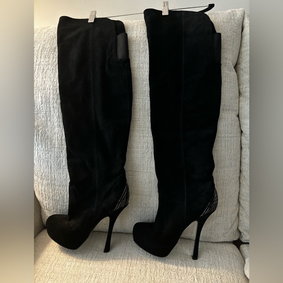 DESIGNER HALSTON MOD BLACK LEATHER THIGH HIGH SUEDE BOOTS 5 INCH HEELS SZ 7 - Picture 5 of 8